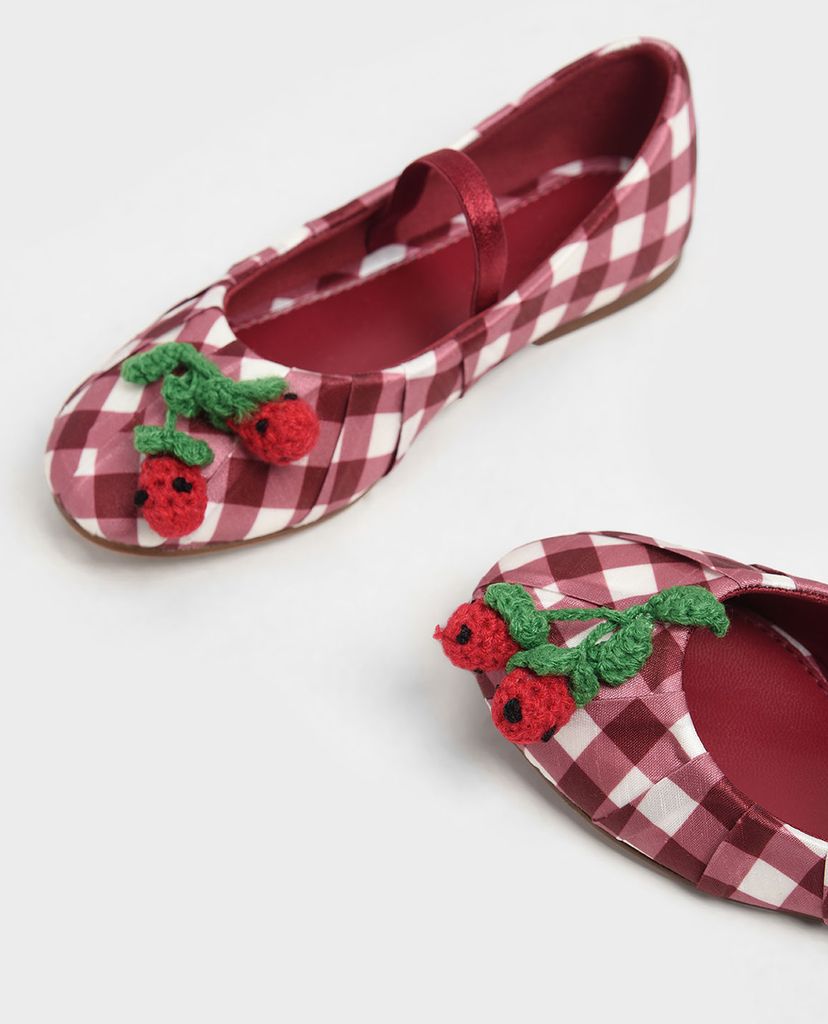 CHARLES & KEITH - Giày trẻ em caro Cherry Embellished Check Print Mary Janes