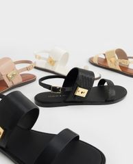 CHARLES & KEITH - Giày sandals nữ quai ngang Raffia Metallic Buckle