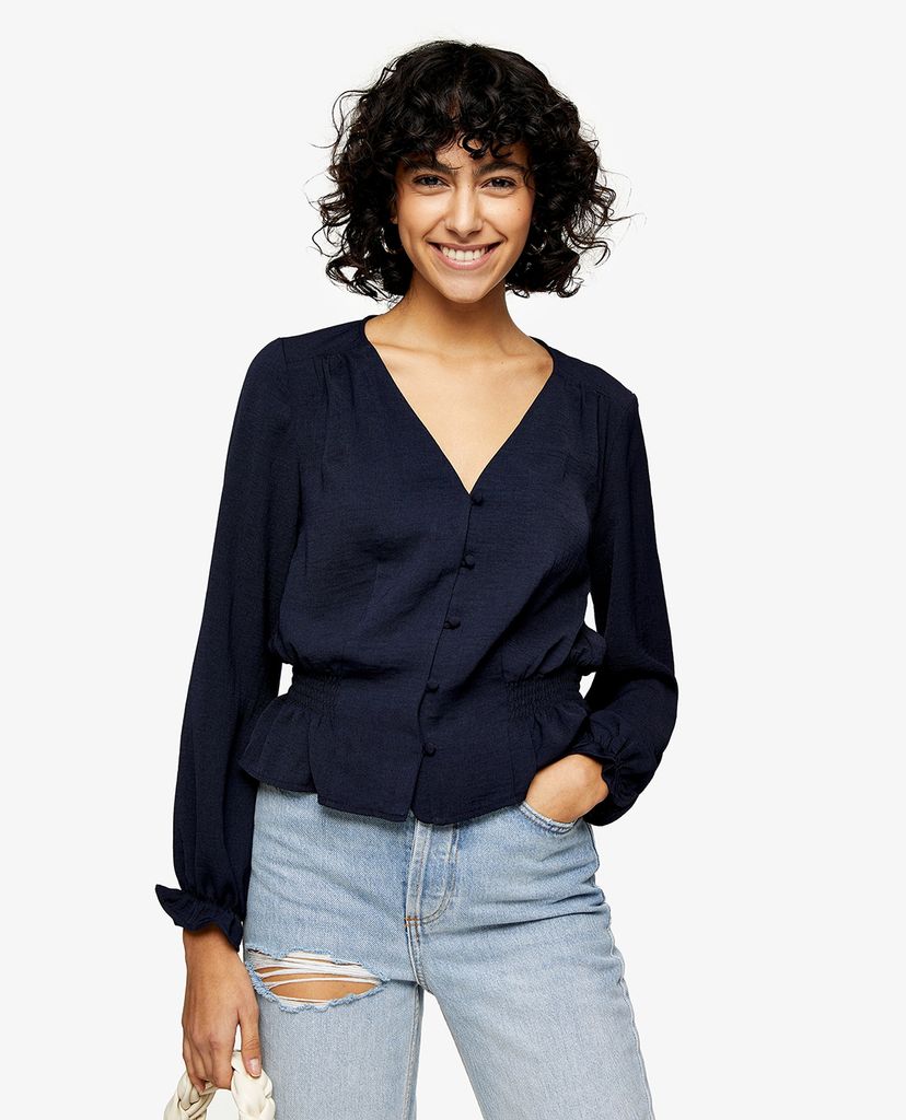TOPSHOP - Áo kiểu nữ cổ V tay dài Navy Classic