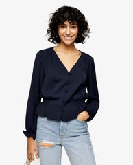TOPSHOP - Áo kiểu nữ cổ V tay dài Navy Classic