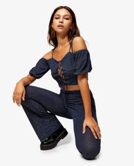 TOPSHOP - Quần kiểu nữ ống loe Navy Glitter Flare