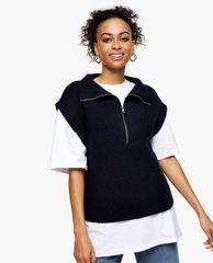 TOPSHOP - Áo khoác dệt kim nữ không tay Navy Zip Up Knitted