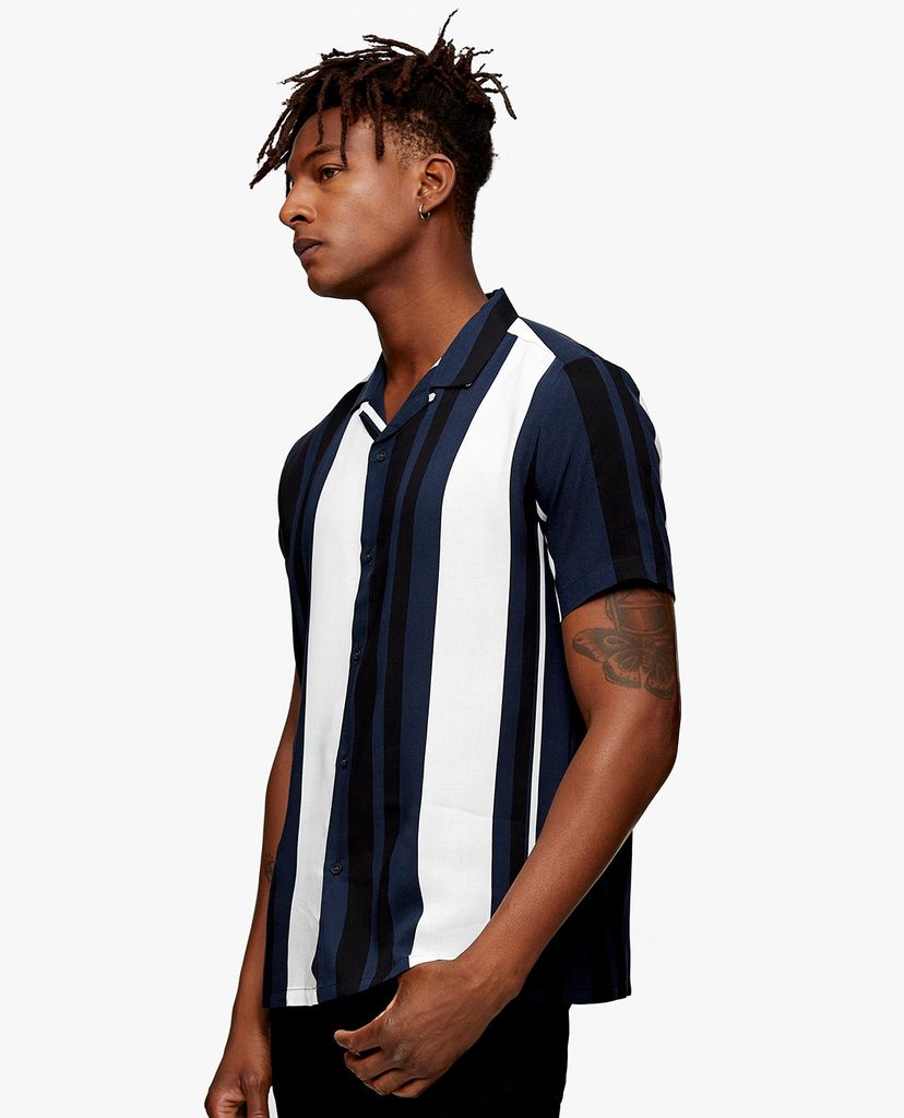 TOPMAN - Áo sơ mi tay ngắn Navy And Ecru Stripe