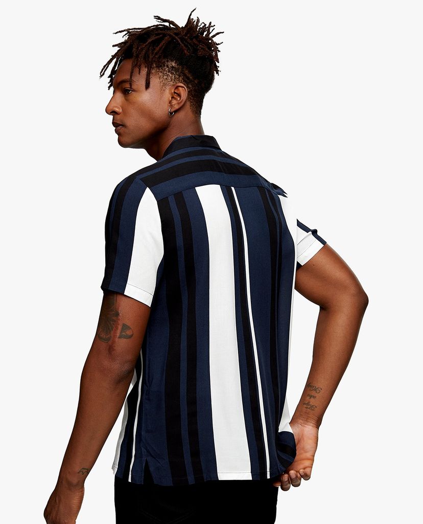 TOPMAN - Áo sơ mi tay ngắn Navy And Ecru Stripe