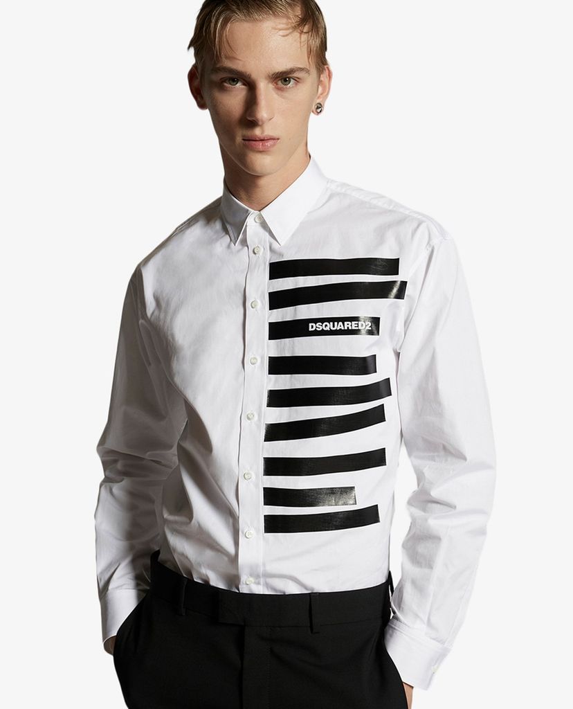 DSQUARED2 - Áo sơ mi nam cổ bẻ tay dài phối kẻ sọc thời trang