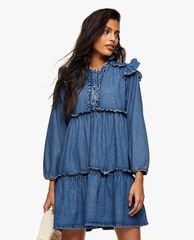 TOPSHOP - Đầm mini tay dài phom suông Frill Tier Denim