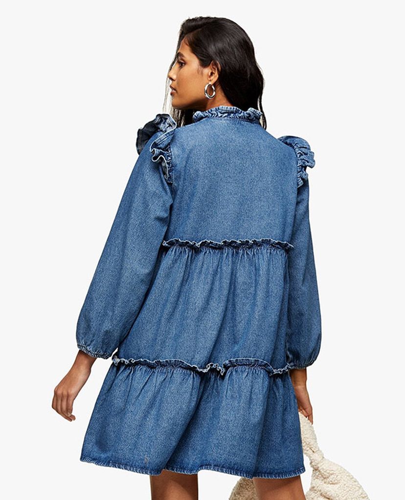 TOPSHOP - Đầm mini tay dài phom suông Frill Tier Denim