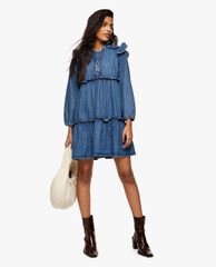 TOPSHOP - Đầm mini tay dài phom suông Frill Tier Denim