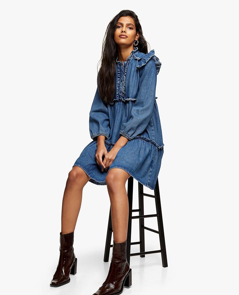TOPSHOP - Đầm mini tay dài phom suông Frill Tier Denim