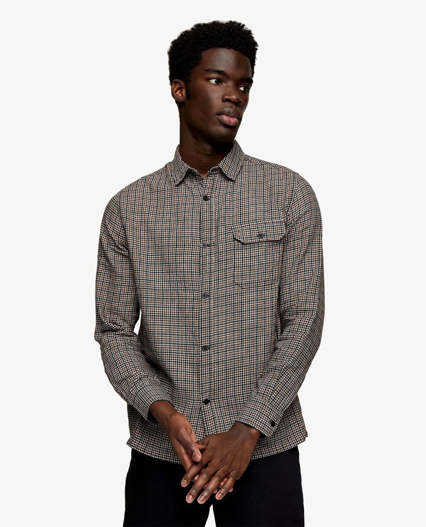 TOPMAN - Áo sơ mi nam tay dài Brown Grid Check Slim