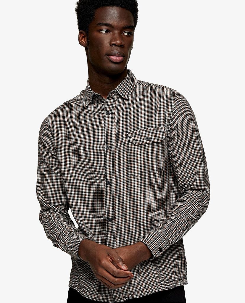 TOPMAN - Áo sơ mi nam tay dài Brown Grid Check Slim