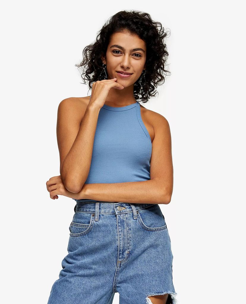 TOPSHOP - Áo ba lỗ nữ phom ôm Blue Ribbed Washed