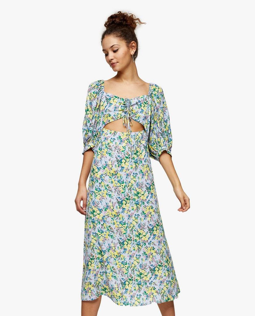 TOPSHOP - Đầm midi cổ vuông Blue Floral Print Cut Out