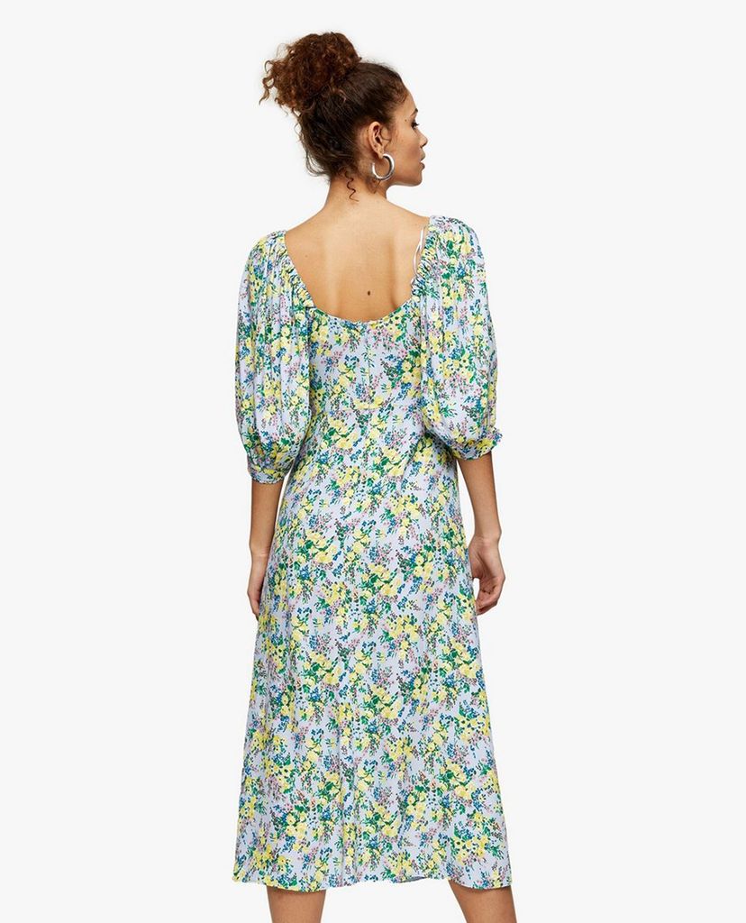 TOPSHOP - Đầm midi cổ vuông Blue Floral Print Cut Out