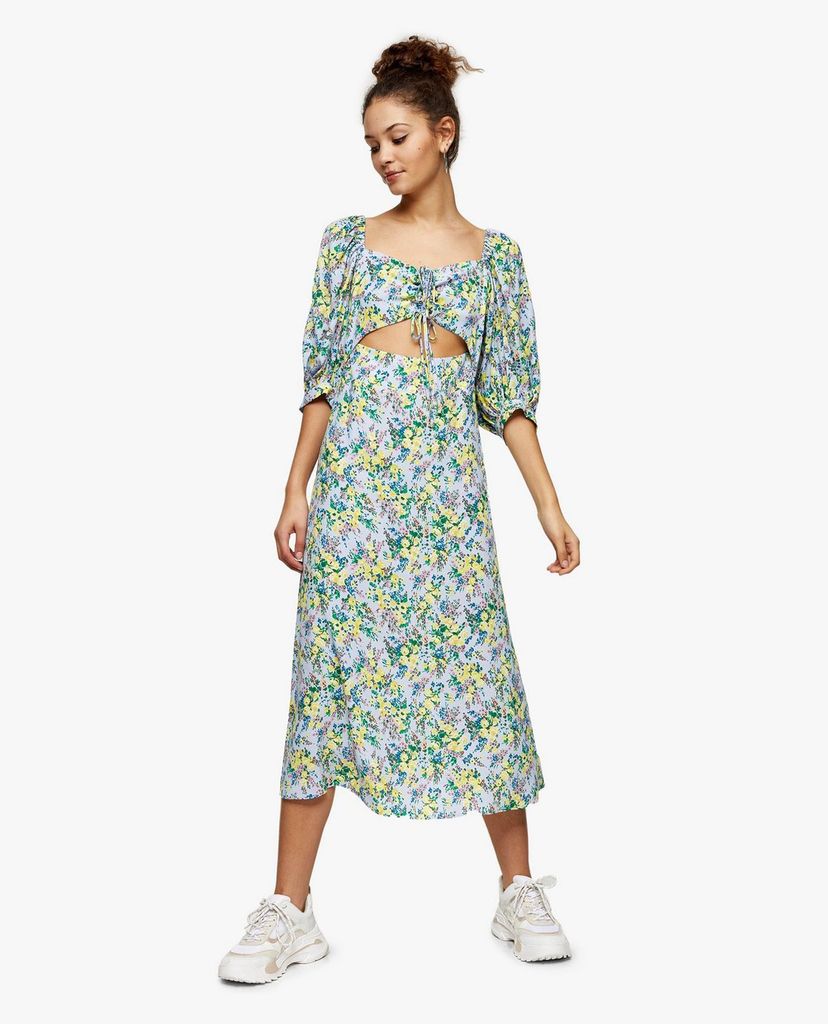 TOPSHOP - Đầm midi cổ vuông Blue Floral Print Cut Out
