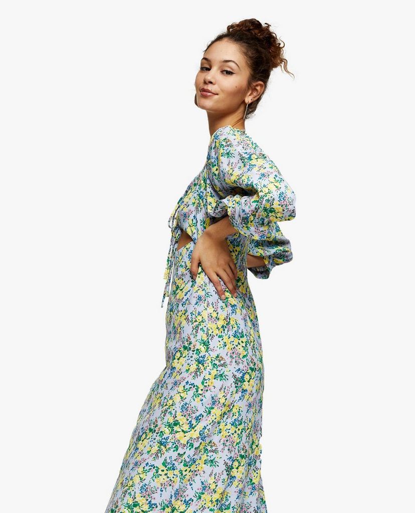 TOPSHOP - Đầm midi cổ vuông Blue Floral Print Cut Out