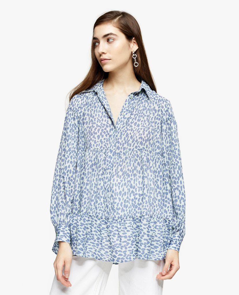 TOPSHOP - Áo kiểu nữ cổ sơ mi tay dài Blue Animal Print Tiered