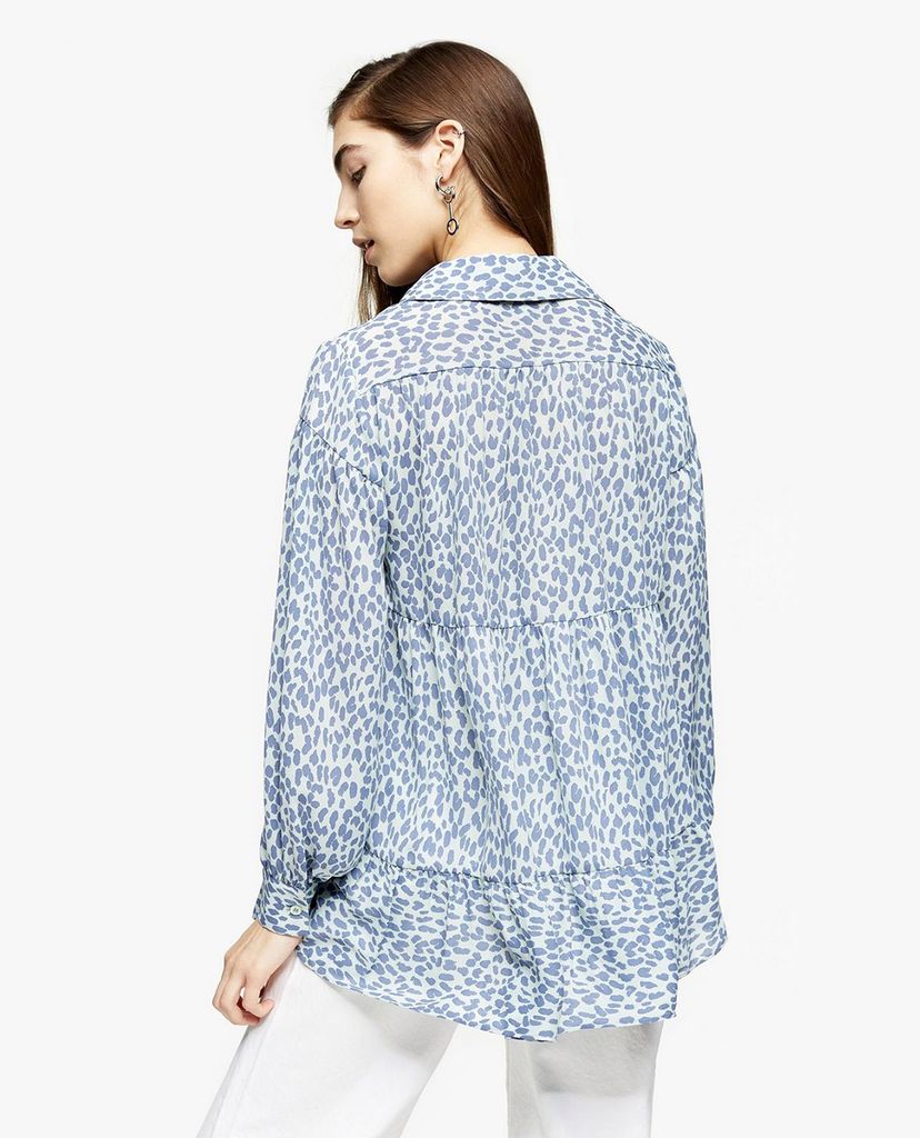 TOPSHOP - Áo kiểu nữ cổ sơ mi tay dài Blue Animal Print Tiered