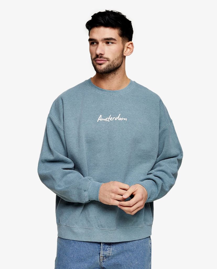 TOPMAN - Áo sweatshirt nam cổ tròn tay dài Blue Amsterdam