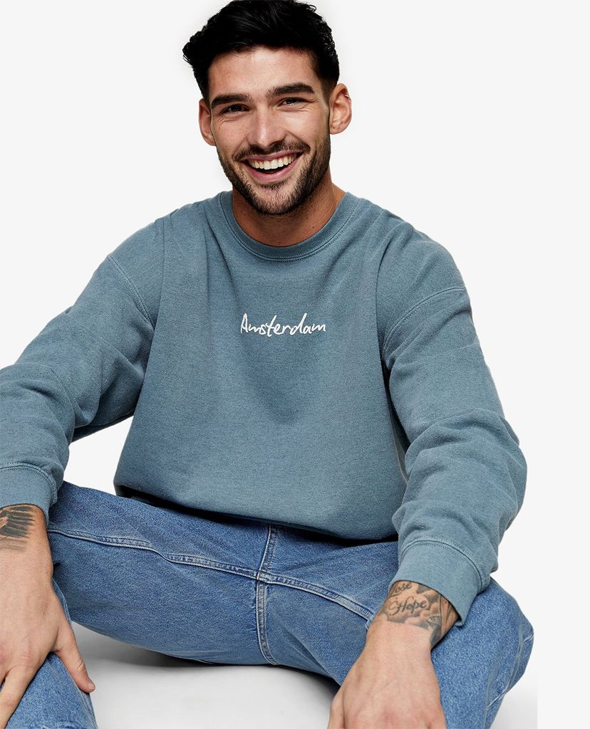 TOPMAN - Áo sweatshirt nam cổ tròn tay dài Blue Amsterdam