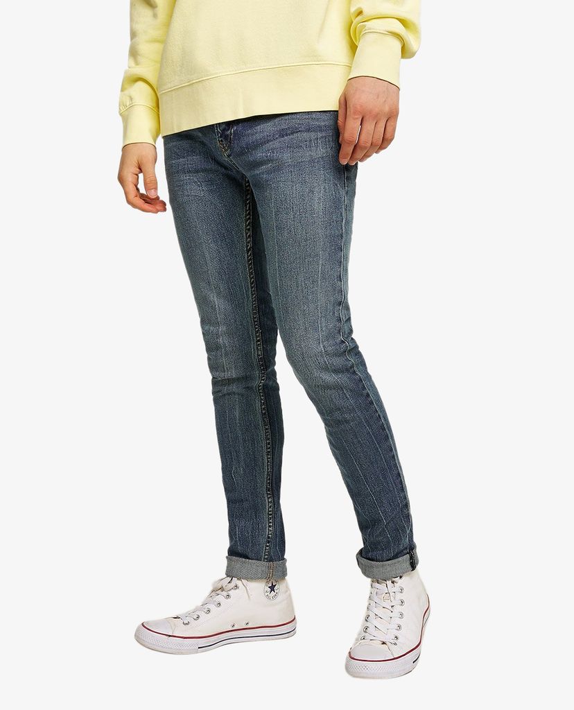 TOPMAN - Quần jeans nam phom skinny Mid Wash Blue Stretch