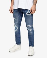 TOPMAN - Quần jeans nam phom skinny Mid Wash Ripped & Repair