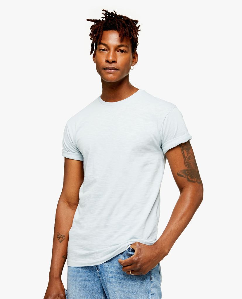 TOPMAN - Áo thun nam cổ tròn tay ngắn Blue Slub Skinny Roller