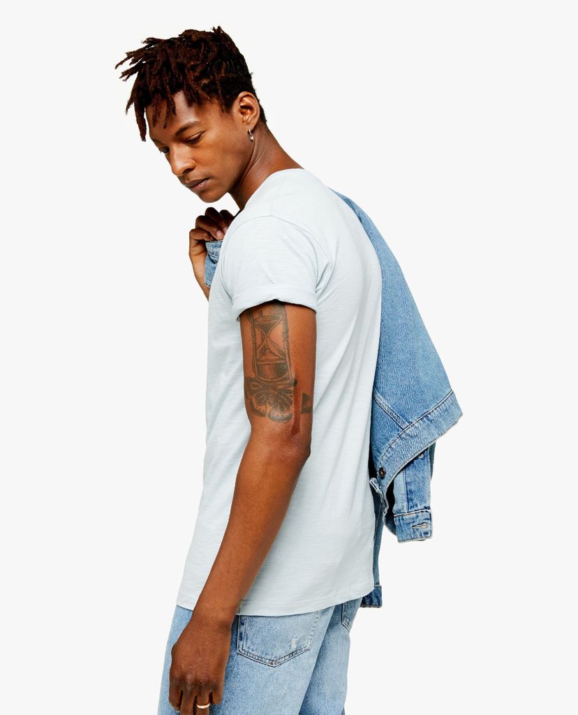 TOPMAN - Áo thun nam cổ tròn tay ngắn Blue Slub Skinny Roller