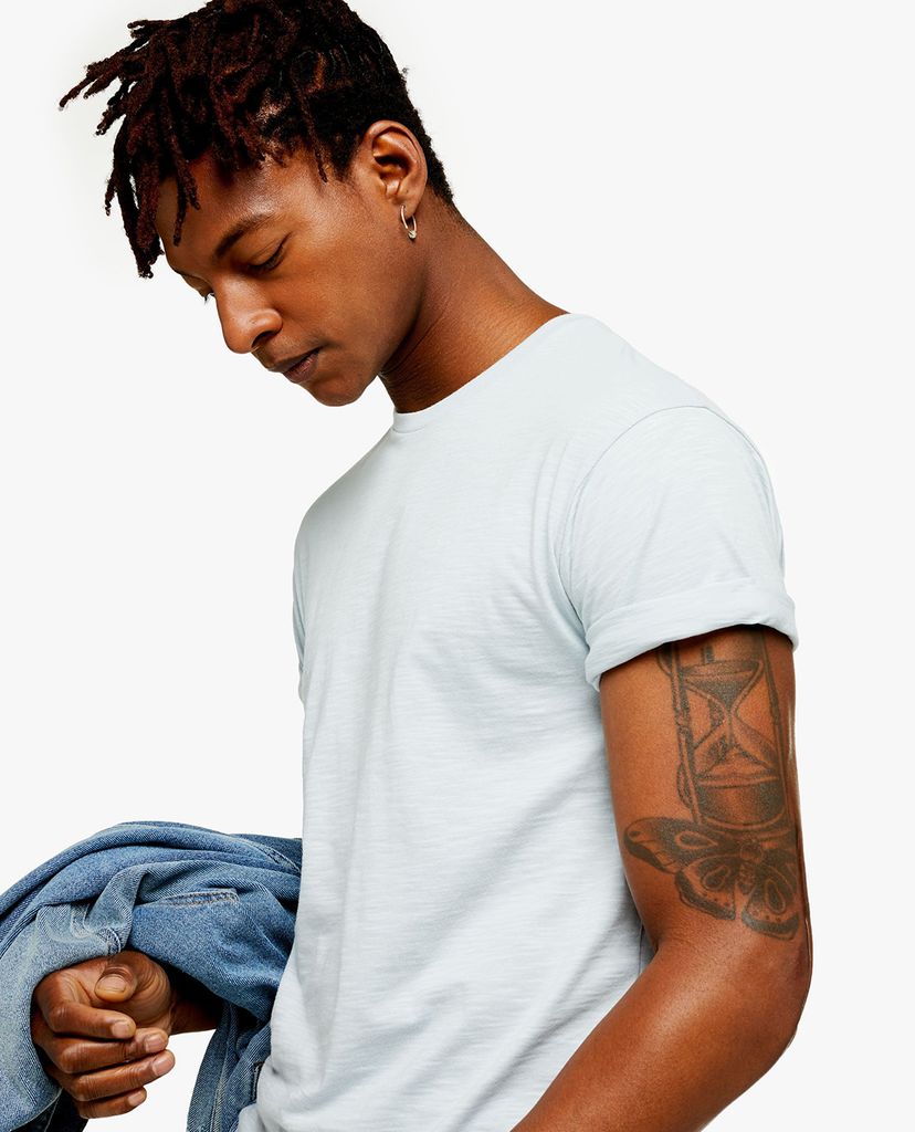 TOPMAN - Áo thun nam cổ tròn tay ngắn Blue Slub Skinny Roller