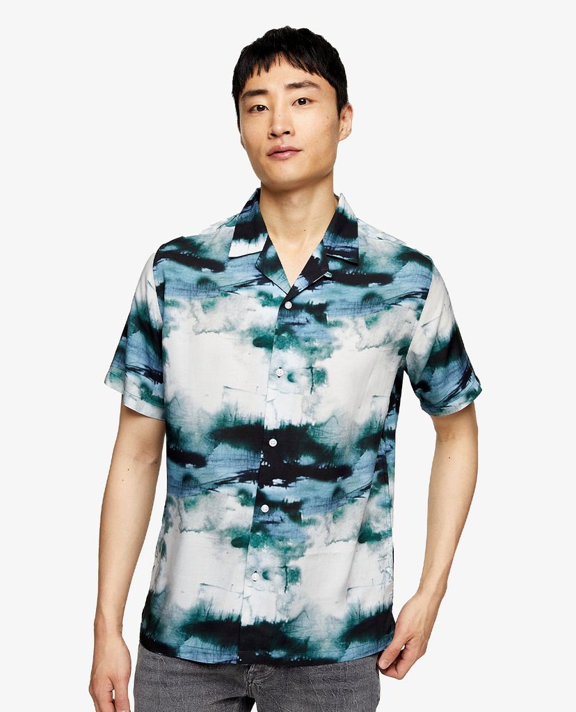 TOPMAN - Áo sơ mi nam tay ngắn Blue Watercolour Floral Print