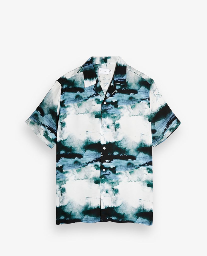 TOPMAN - Áo sơ mi nam tay ngắn Blue Watercolour Floral Print