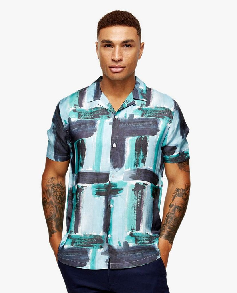 TOPMAN - Áo sơ mi nam tay ngắn Blue Paint Stroke Print Slim
