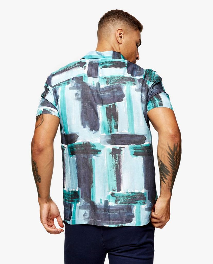 TOPMAN - Áo sơ mi nam tay ngắn Blue Paint Stroke Print Slim