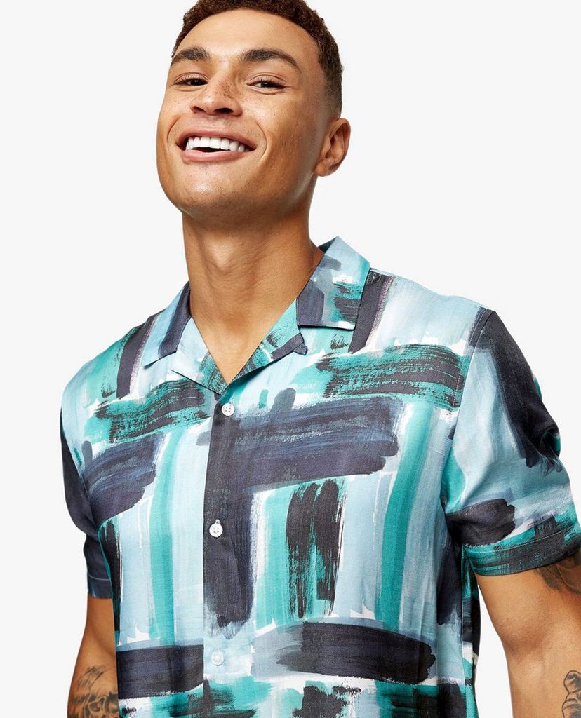 TOPMAN - Áo sơ mi nam tay ngắn Blue Paint Stroke Print Slim