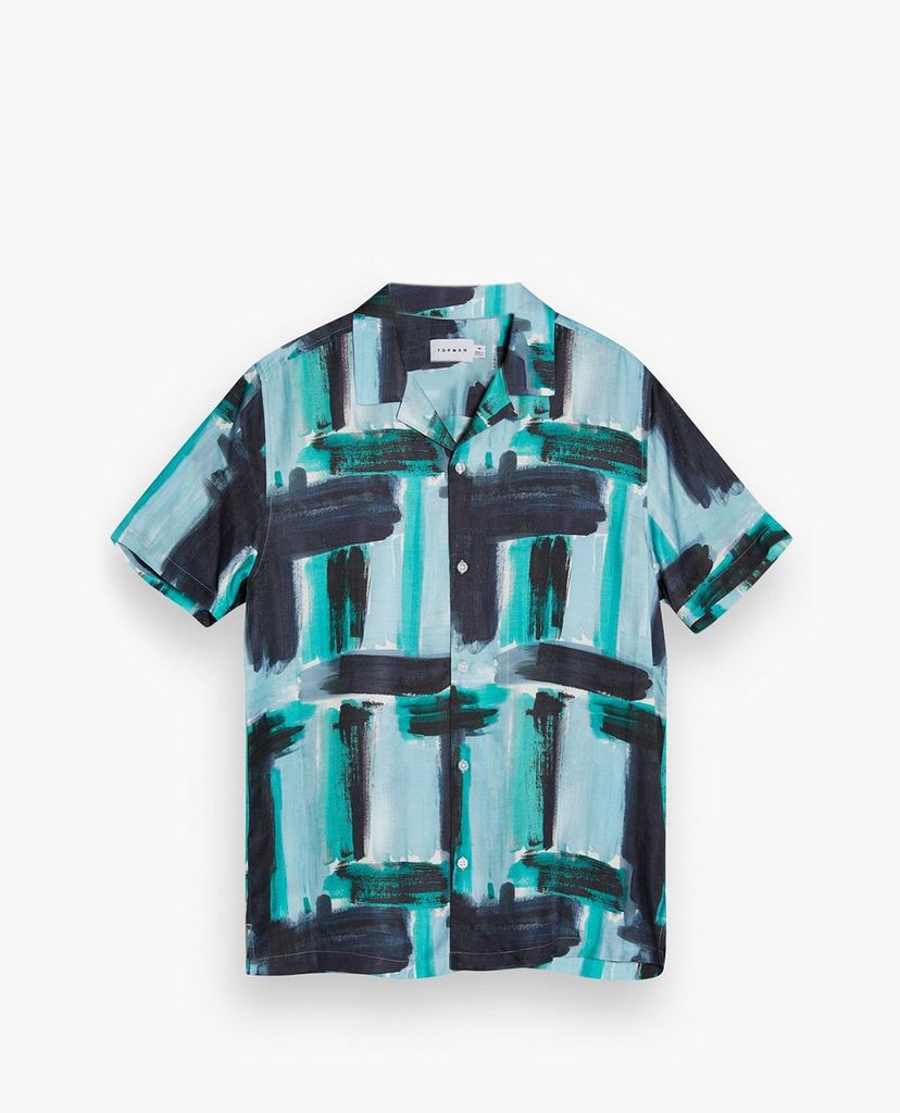 TOPMAN - Áo sơ mi nam tay ngắn Blue Paint Stroke Print Slim