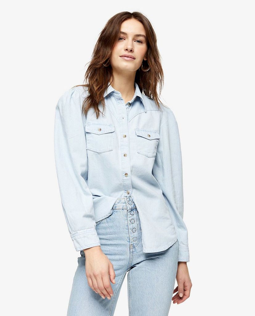 TOPSHOP - Áo sơ mi nữ denim cổ bẻ tay dài Bleach Puff Sleeve Western