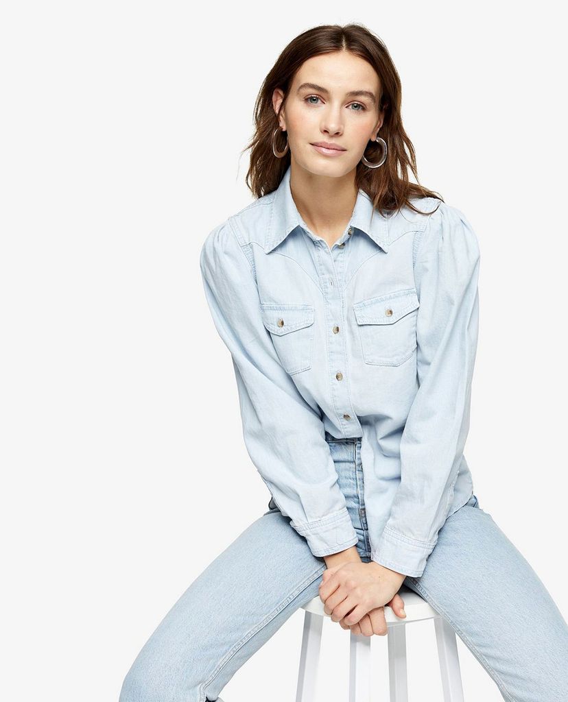 TOPSHOP - Áo sơ mi nữ denim cổ bẻ tay dài Bleach Puff Sleeve Western