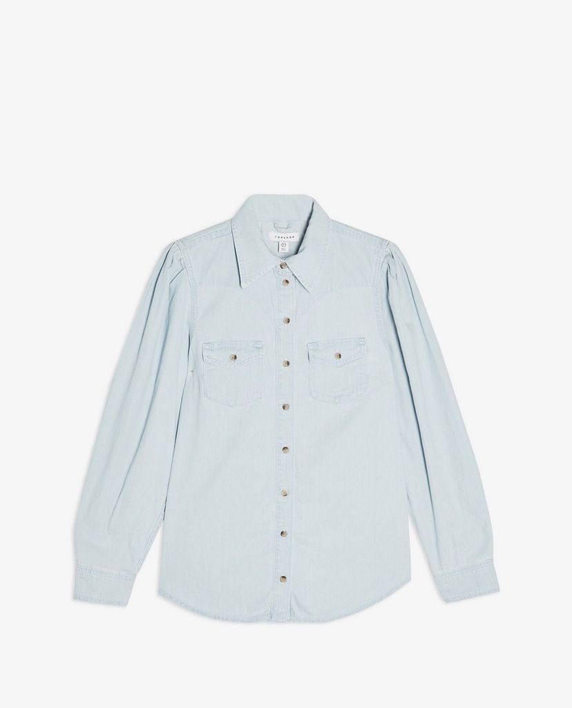 TOPSHOP - Áo sơ mi nữ denim cổ bẻ tay dài Bleach Puff Sleeve Western