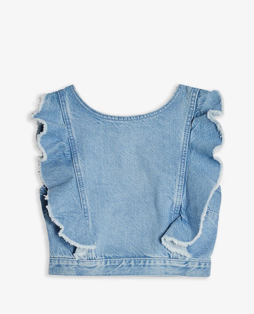 TOPSHOP - Áo croptop nữ denim cổ tròn phối bèo thời trang