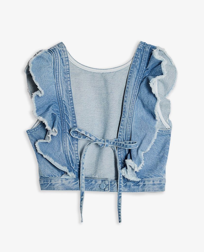 TOPSHOP - Áo croptop nữ denim cổ tròn phối bèo thời trang