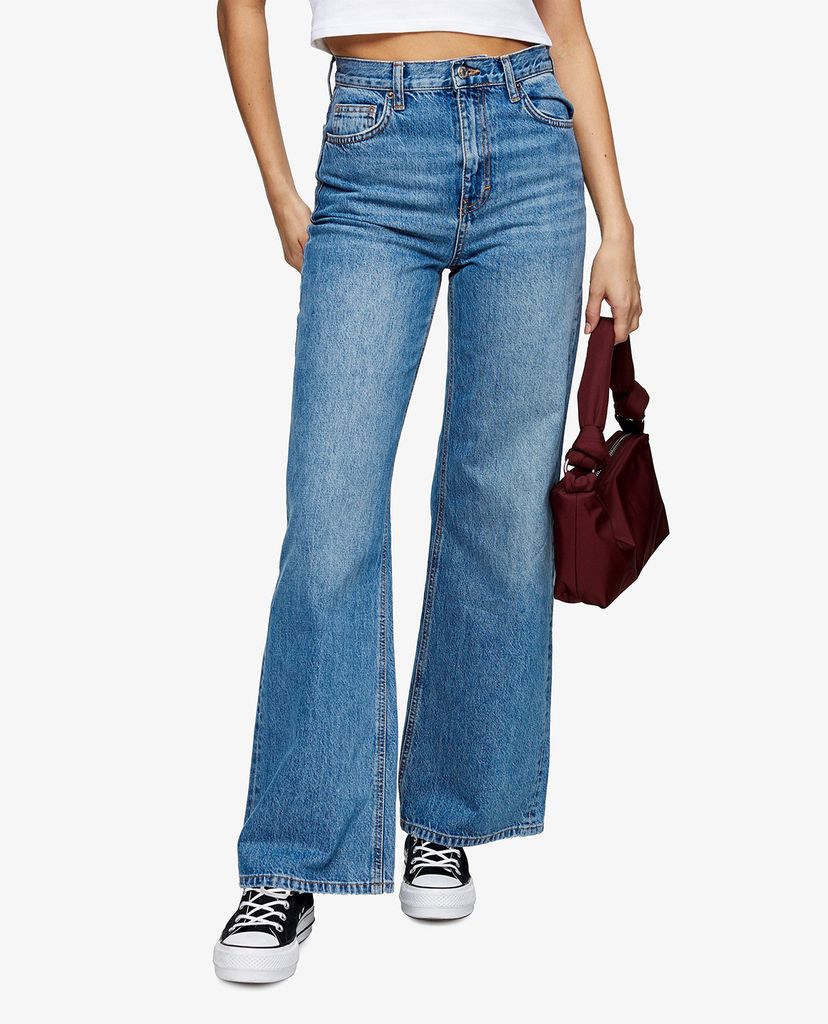 TOPSHOP - Quần jeans nữ lưng cao ống rộng wash bạc cá tính
