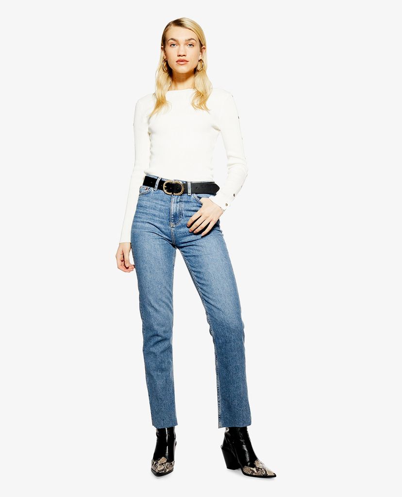 TOPSHOP - Quần jeans nữ lưng cao Tall Mid Stone Raw Hem Straight