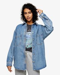 TOPSHOP - Áo khoác jeans nữ cổ bẻ tay dài Mid Stone Denim
