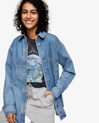 TOPSHOP - Áo khoác jeans nữ cổ bẻ tay dài Mid Stone Denim
