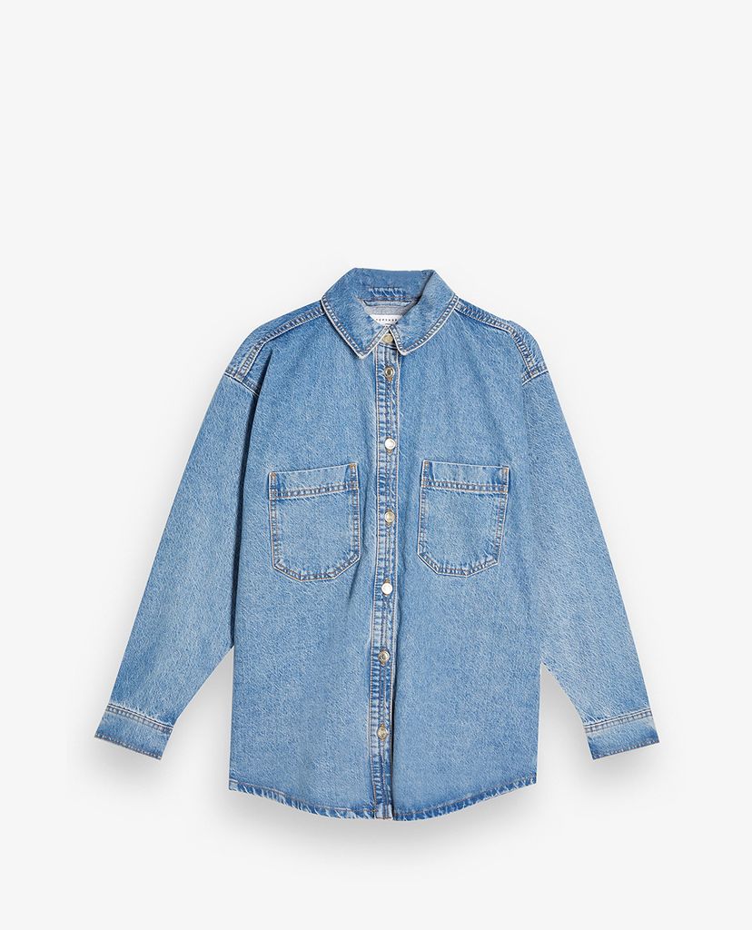 TOPSHOP - Áo khoác jeans nữ cổ bẻ tay dài Mid Stone Denim