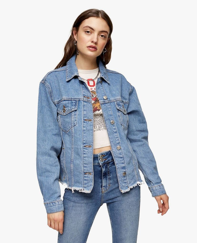 TOPSHOP - Áo khoác nữ denim cổ gập Raw Hem Oversized