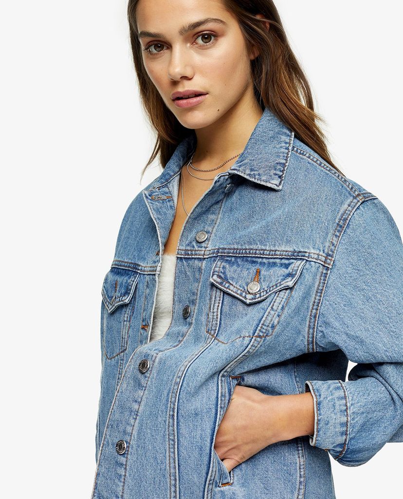 TOPSHOP - Áo khoác jeans nữ tay dài cổ bẻ Petite Oversized Denim