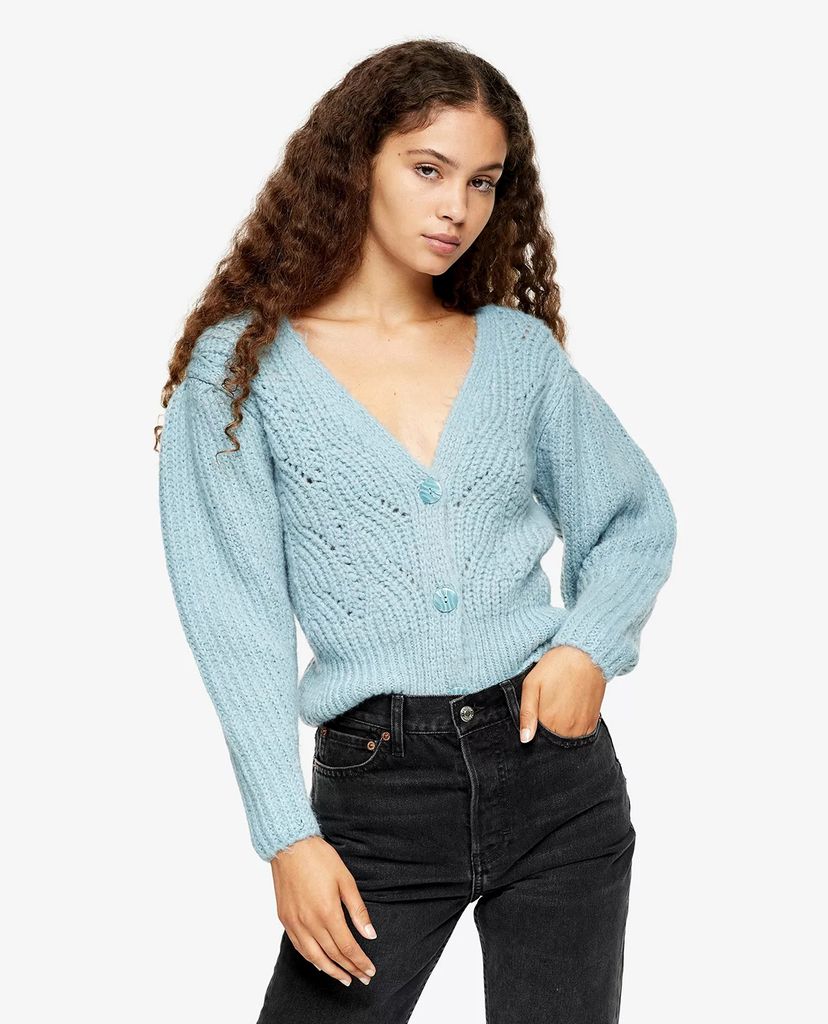 TOPSHOP - Áo cardigan nữ tay dài phối nút Pale Blue Super Cropped