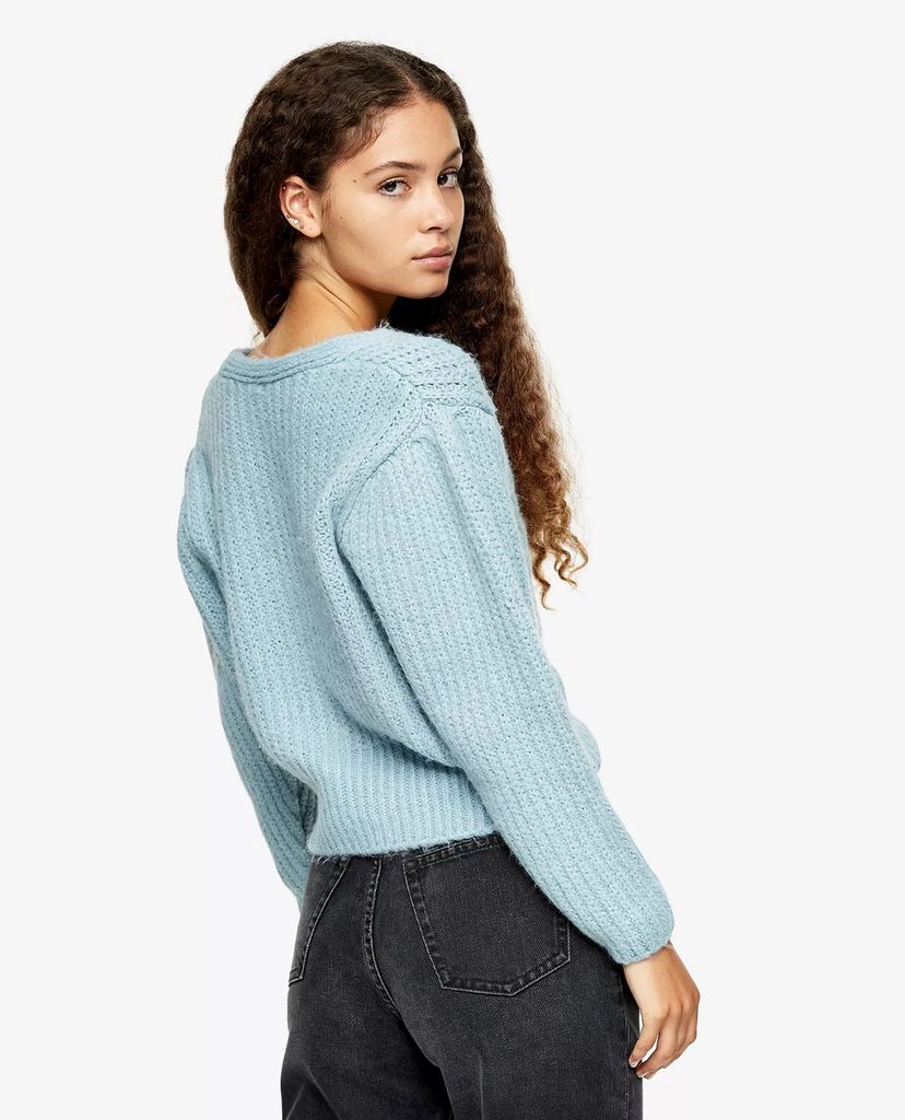 TOPSHOP - Áo cardigan nữ tay dài phối nút Pale Blue Super Cropped