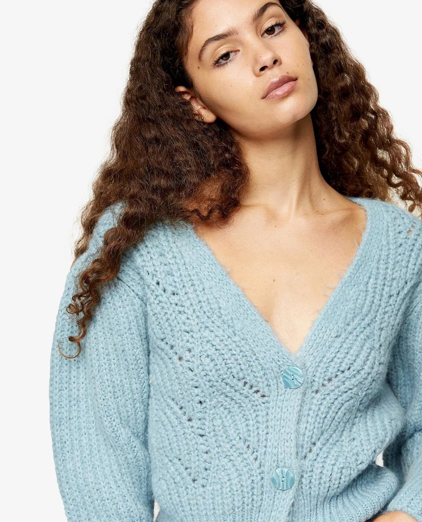 TOPSHOP - Áo cardigan nữ tay dài phối nút Pale Blue Super Cropped